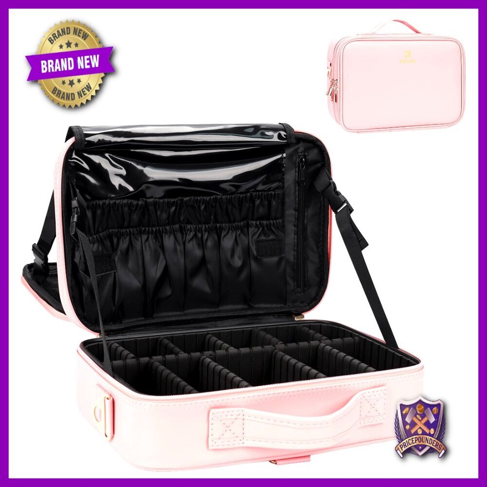 Portable Makeup Train Case Organizer Adjustable Dividers Cosmetic Storage Bag